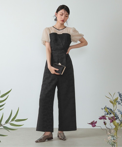 チュール パフスリーブ ワイドパンツ オールインワン ハイウエスト