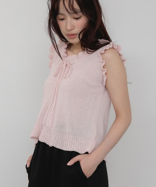 セール】【新色追加】リボンフリルノースリーブニットトップス