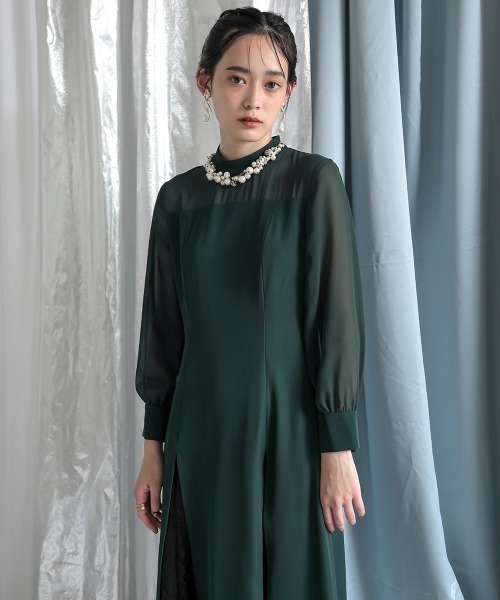 セール】〔Callarus〕裾スリットレースデザインロング丈ワンピース