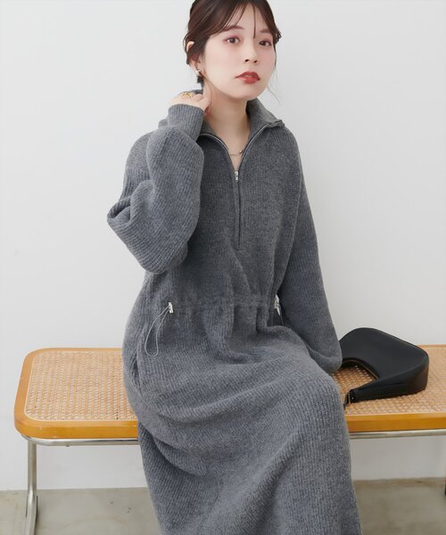 mamamo】片畦ハーフZIPドロストニットワンピース（ワンピース