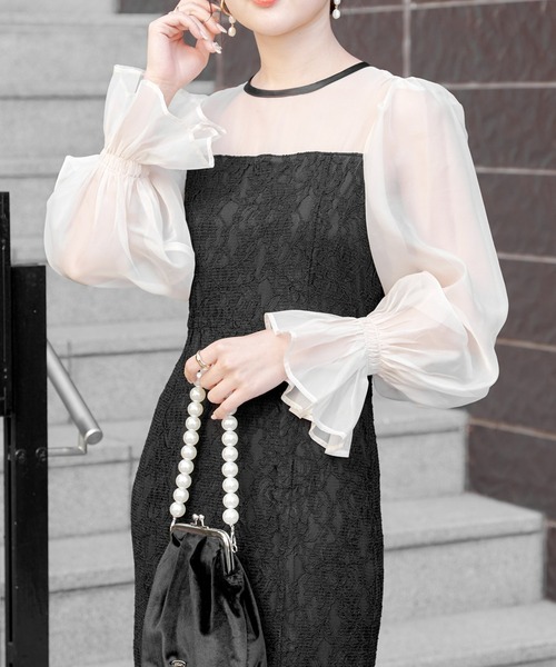 2サイズ展開】配色シースルータイトロングドレス（ドレス）｜Chico