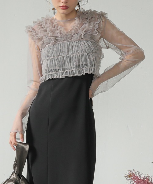 チュール ボリューム フリル ベスト シアー トップス ワンピース 3点