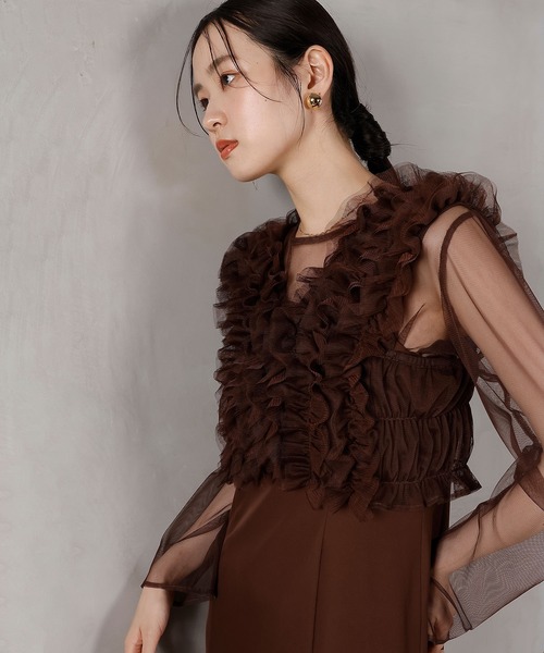 チュール ボリューム フリル ベスト シアー トップス ワンピース 3点