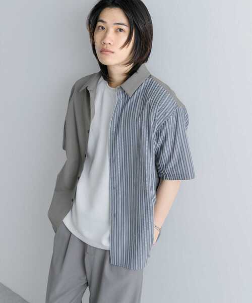 セール】ストライプブロックドシャツ(5分袖)（シャツ/ブラウス