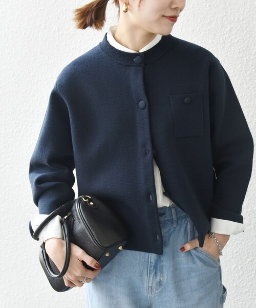 SHIPS any:〈手洗い可能〉ミラノリブ ノーカラー ニット ジャケット