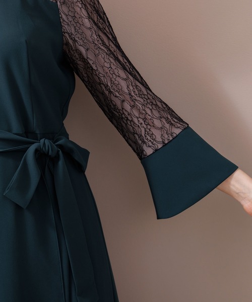 スタンドカラー スリットワンピース+プリーツスカート/セットアップ