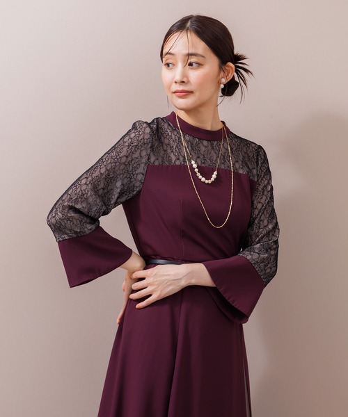 スタンドカラー スリットワンピース+プリーツスカート/セットアップ