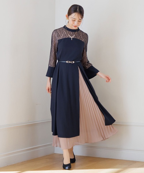 スタンドカラー スリットワンピース+プリーツスカート/セットアップ