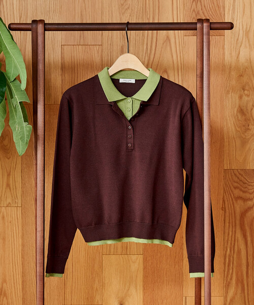 セール】配色 レイヤードポロニット/襟付きニット/ポロ襟/ハイゲージ