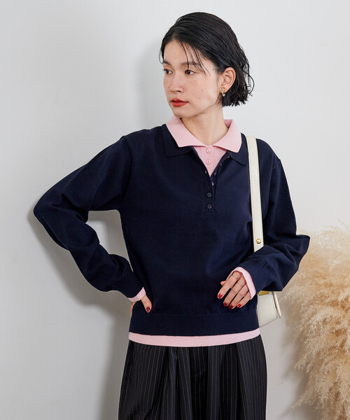セール】配色 レイヤードポロニット/襟付きニット/ポロ襟/ハイゲージ