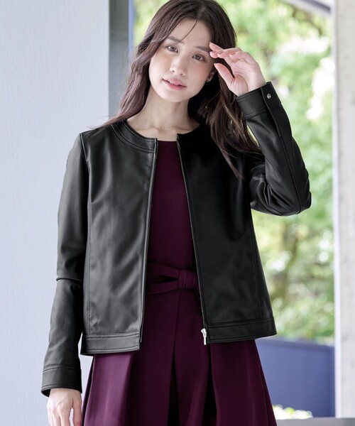 本革】ノーカラーシープレザージャケット（ノーカラージャケット