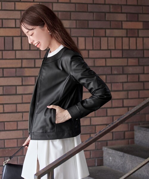 本革】ノーカラーシープレザージャケット（ノーカラージャケット