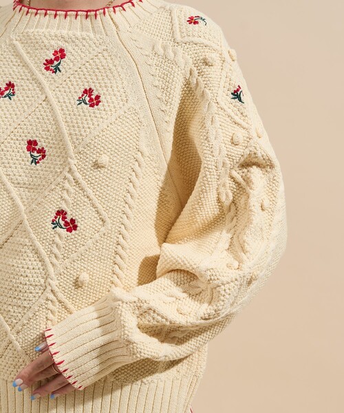 セール】花刺繍 ニットプルオーバー/ ケーブルニット（ニット/セーター