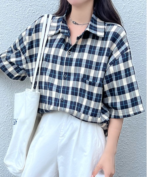 セール】チェック柄オーバーサイズ半袖シャツ/トップス（シャツ