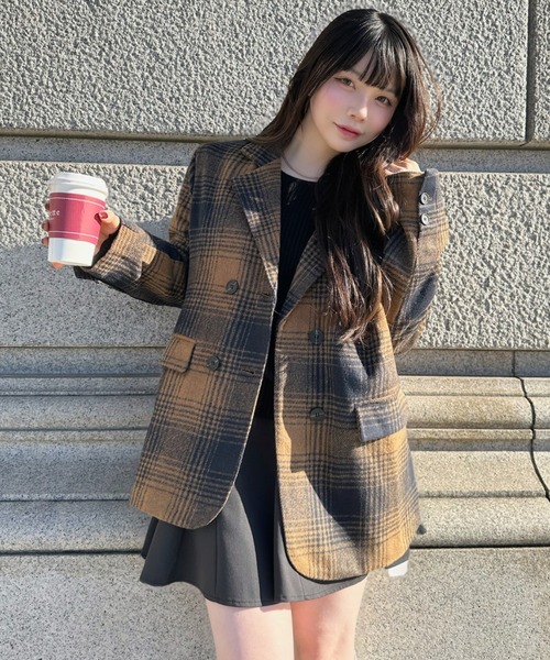 セール】柔らかタッチ チェック テーラードジャケット 軽アウター