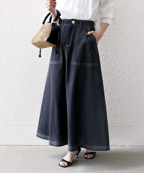 SHIPS any:〈洗濯機可能〉オックス ステッチ フレア ロング スカート