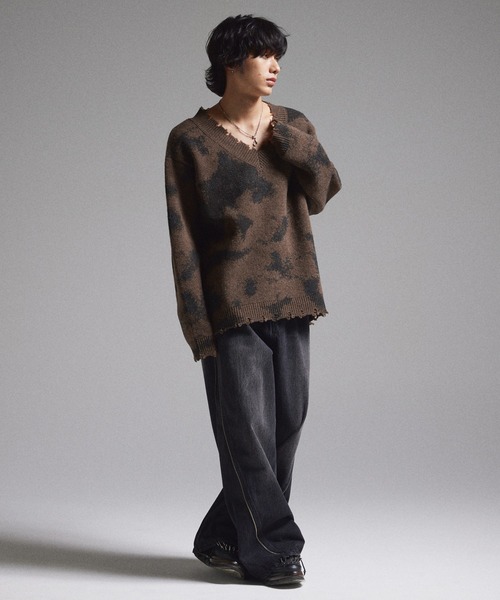 GRANCY】Spray Damaged V-neck Wool Knit / スプレーダメージVネック