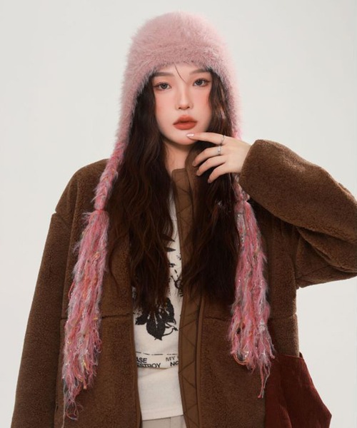 セール】モヘアニット フリンジイヤーキャップ ビーニー/MIXカラー