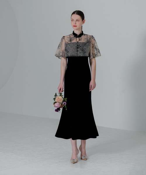 セール】【LEJA】配色パイピング花柄刺繍ボレロ付きベロアマーメイド