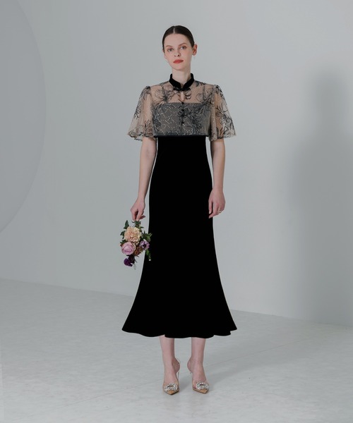 セール】【LEJA】配色パイピング花柄刺繍ボレロ付きベロアマーメイド