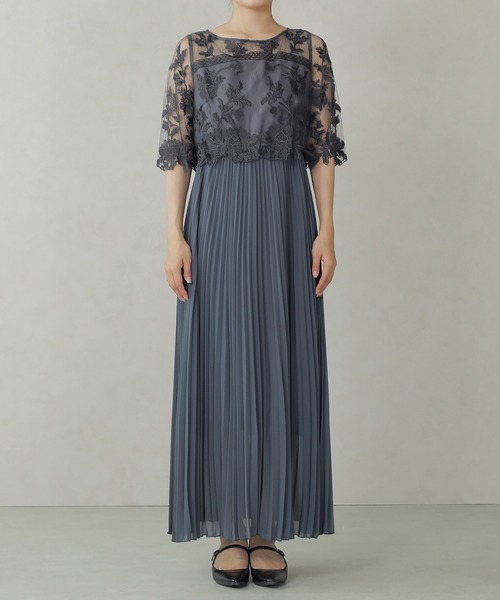 セール】フラワー刺繍 レース 切り替え プリーツロング パーティー