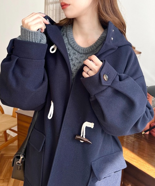 セール】ライトニットメルトンフードありロングダッフルコート