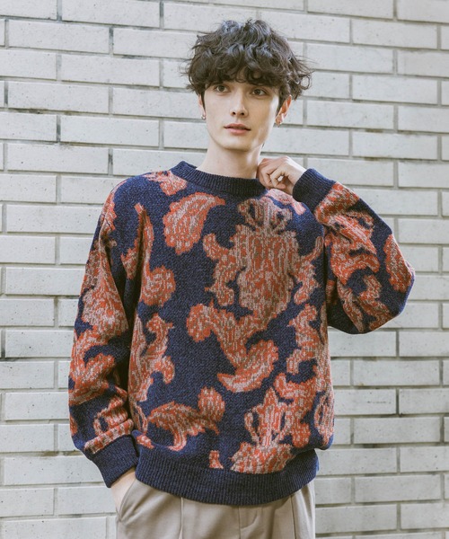 セール】Damask Pattern Jacquard Knit/ダマスク柄ジャガードニット