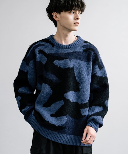 起毛 カモフラ柄オーバーサイズクルーニットセーター（ニット/セーター