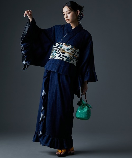 1人で着られる綿100％2WAYデニム浴衣(花柄半襟付き) ＜大きいサイズ有