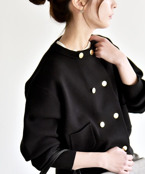 quaranciel:〈手洗い可能〉ノーカラー ダブル ボタン ジャケット