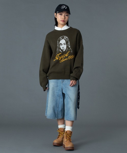 CURSIVE LOGO AND FACE JACQUARD KNIT TOP（ニット/セーター）｜X-girl