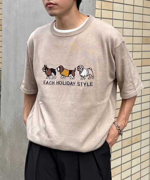 セール】【ユニセックス】アニマル柄犬サマーニット半袖Tシャツ（T