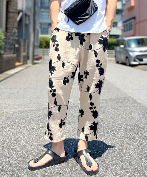 クロップドパンツ メンズ 花柄 刺繍 夏 涼感 スラックス（その他パンツ