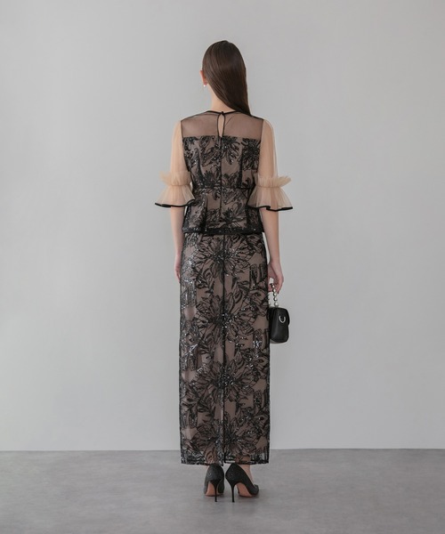 セール】【LEJA】アシンメトリーシアーフラワースパンコールフリル