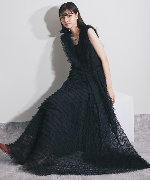 セール】チュールデザインVネックロングワンピース（ドレス）｜SMILE