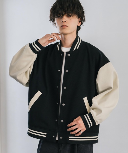 セール】オーバーサイズテックメルトン/PUレザー切替スタジャン
