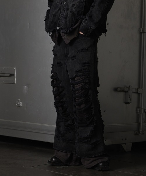 GRANCY】Sweat Docking Design Damage Buggy Denim Pants / スウェット