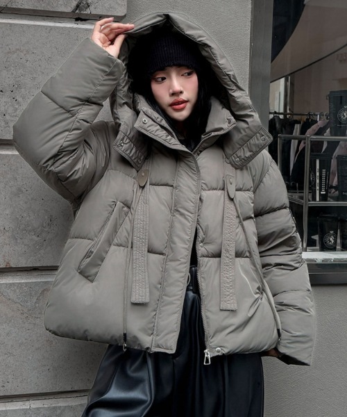 セール】フード付き フロントテープデザイン エコダウンジャケット