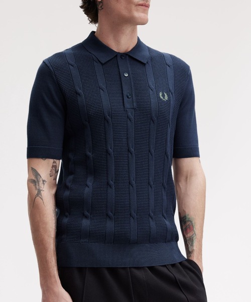 セール】Textured Cable Knit Polo Shirt／テクスチャーケーブルニット