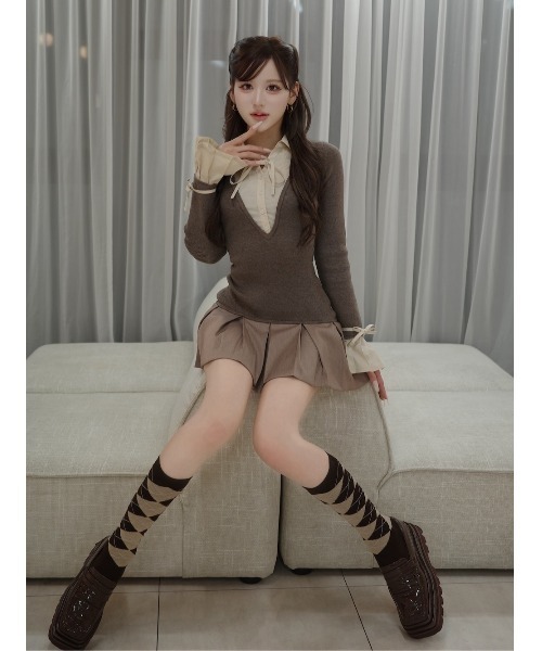 シャツドッキングプリーツミニワンピース（ワンピース）｜Darich