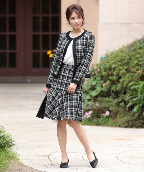 セール】セットアップスカートフォーマルチェックツイード＆ノーカラー