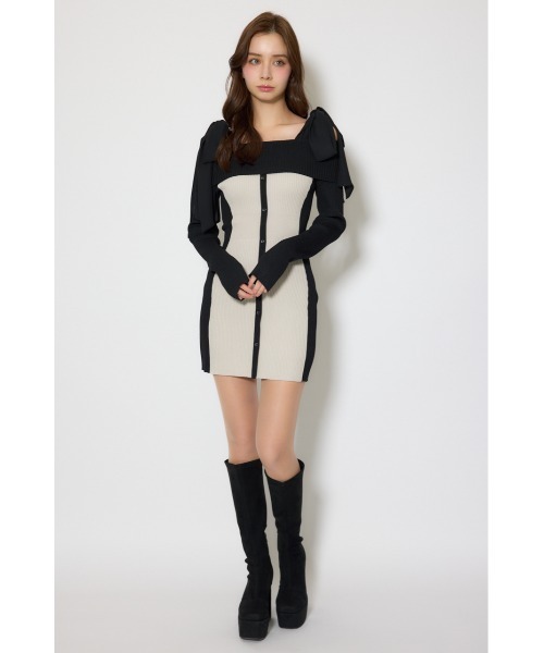 セール】バイカラーオフショルリボンニットミニワンピース 春服