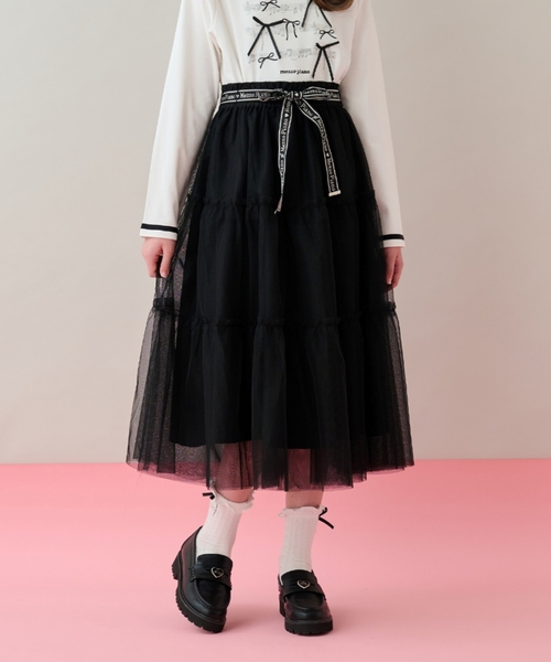 セール】音符柄ベルトフリルチュールスカート♪（スカート）｜mezzo