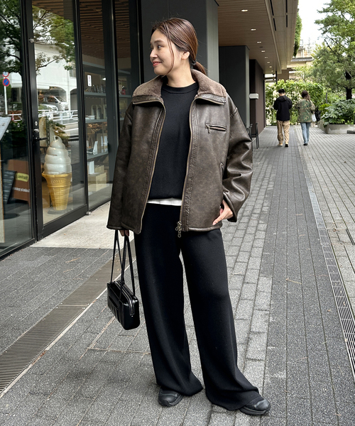 WEB限定追加》フェイクレザーボアブルゾン（ライダースジャケット