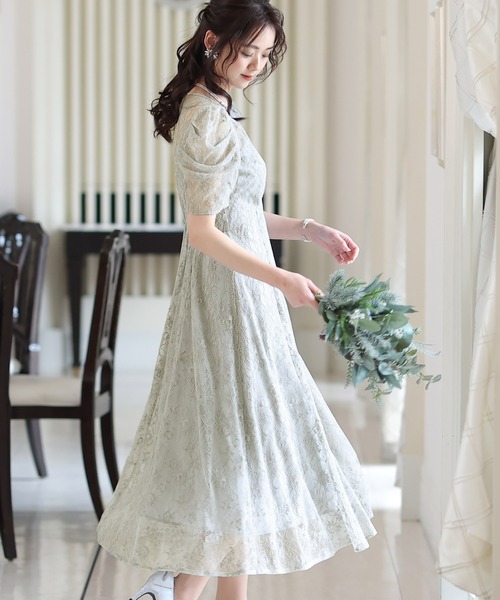 ギャザースリーブ パーティードレス 大きいサイズ七分袖&ミモレ丈結婚