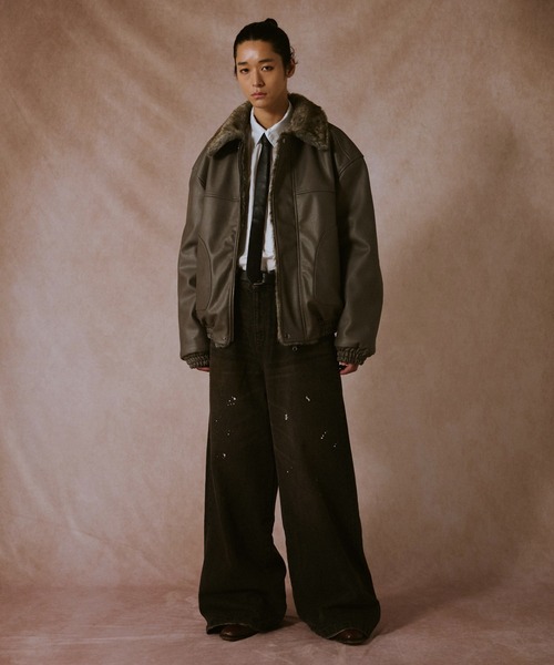 leather/fur faux reversible flight jacket / フェイクレザーファー