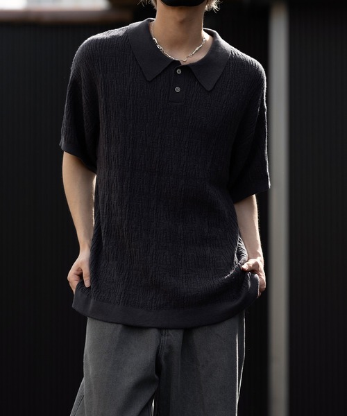 CLEL】Jacquard Loose Short Sleeve Knit Polo Shirt/ジャガード