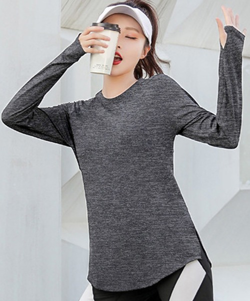 大きいサイズ有】長袖サムホール付きサイドスリットヨガトップス