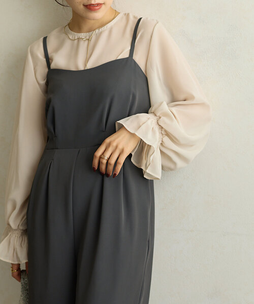 セール】【オケージョン】シアーブラウス×タックオールインワン