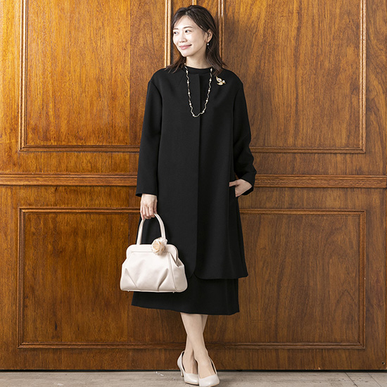 CARETTE]コートジャケット×モックネック スーツ風ワンピース ブラック